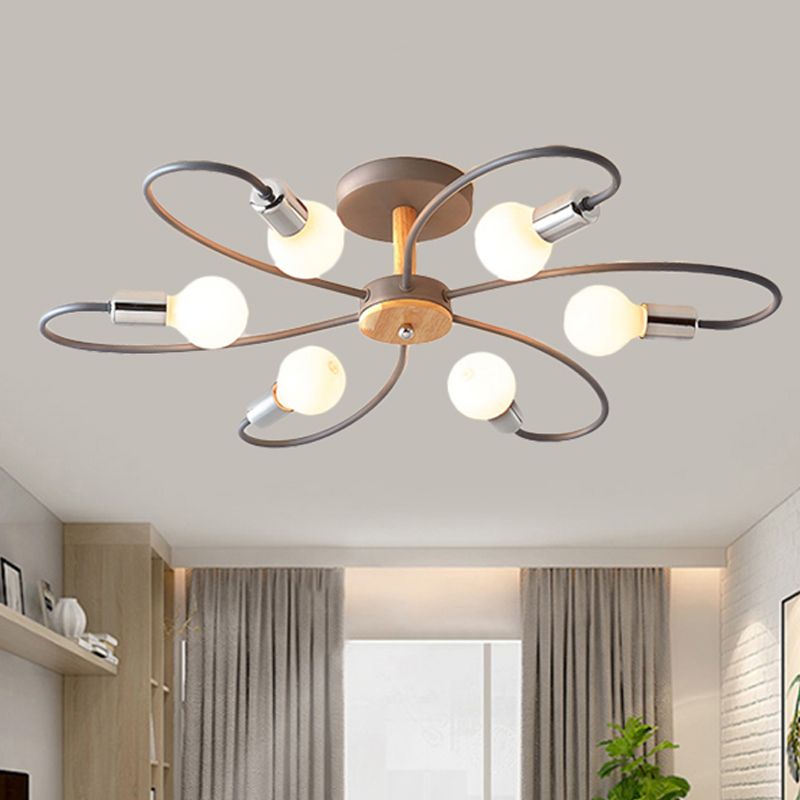 Lámpara semi empotrada Sputnik, metal contemporáneo, 3/6/8 luces, montaje semi empotrado en gris/verde, accesorio de techo con brazo curvo