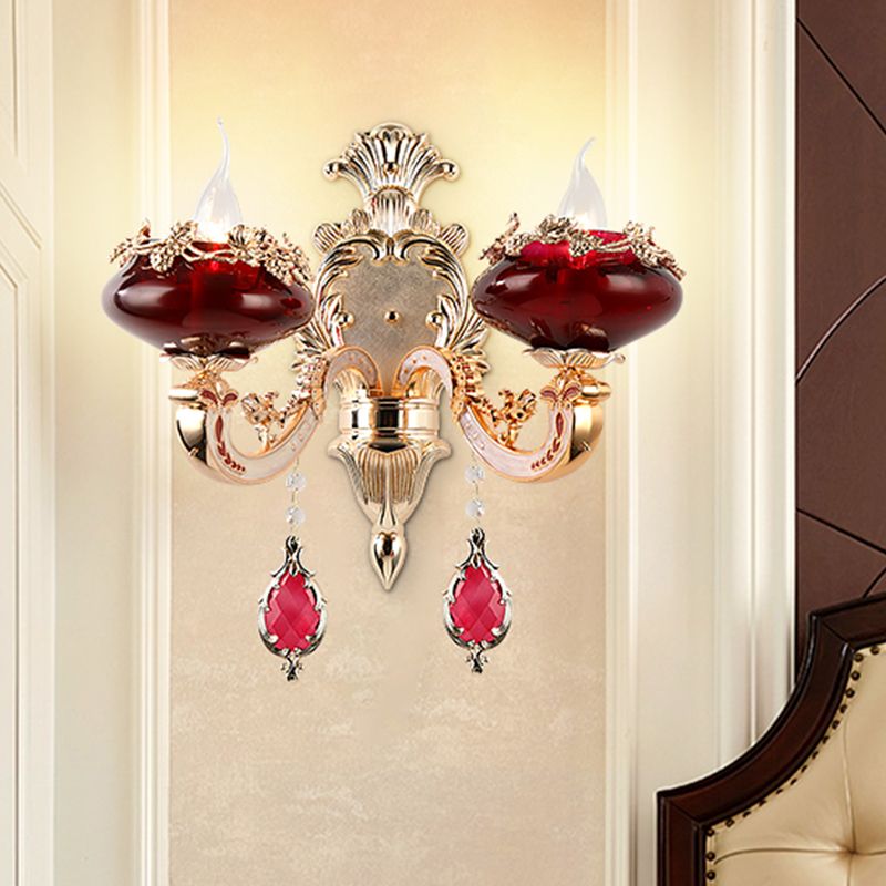 Retro Flameless Candle Wall Lamp 2-Head Burgundy Glass Sconce Lighting Fixture for Dining Room