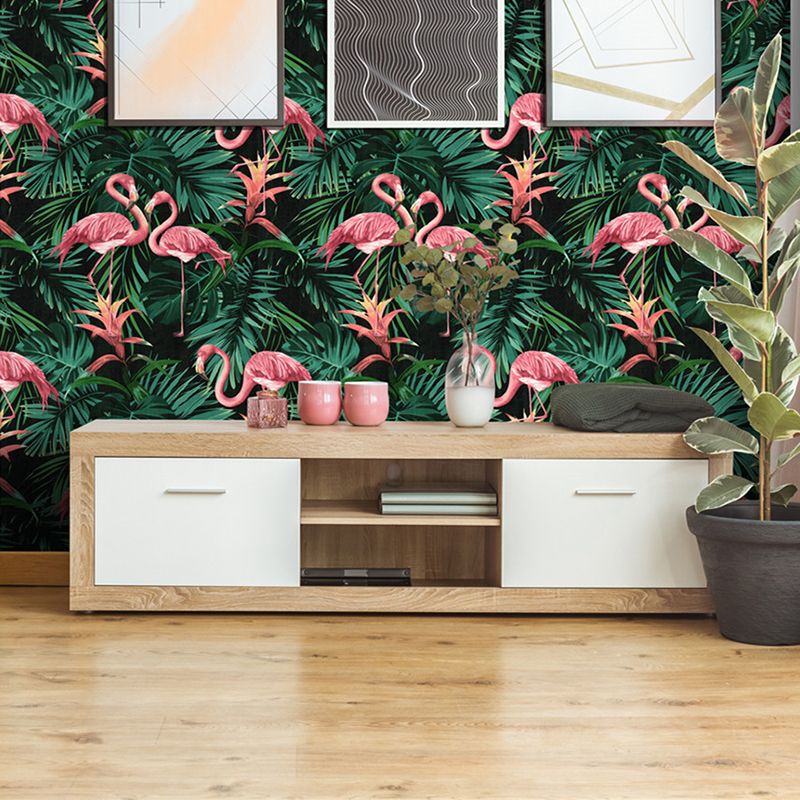 Vinyl 33' by 20.5" Tropical Non-Pasted Flamingo and Botanical Leaf Wallpaper