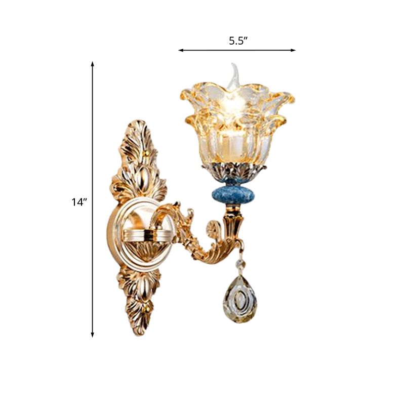 2-Layer Flower Crystal Wall Lamp Kit Traditional 1/2-Bulb Bedside Wall Mount Lighting in Gold