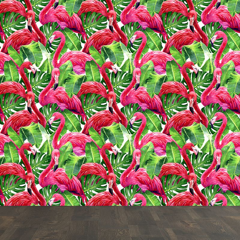Flamingo and Leaves Wall Mural Tropical Decorative Girls Room Wall Covering, Custom