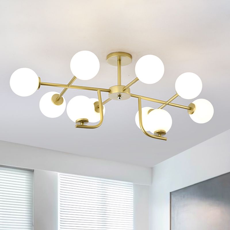 Multiple Rod Semi Ceiling Light Fixture with Globe Glass Shade Modern Metal 6/10 Heads Gold Flush Mount for Living Room