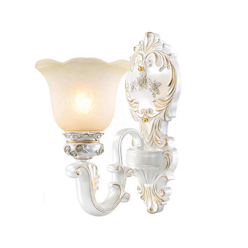 1/2-Bulb Scalloped-Trim Bell Wall Light Traditional White-Gold Frosted Glass Wall Mount Lighting