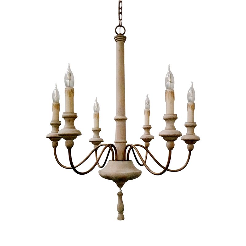 Éclairage de lustre Sputnik Retro Wood-White 6 ampoules suspendues plafond avec bras incurvé