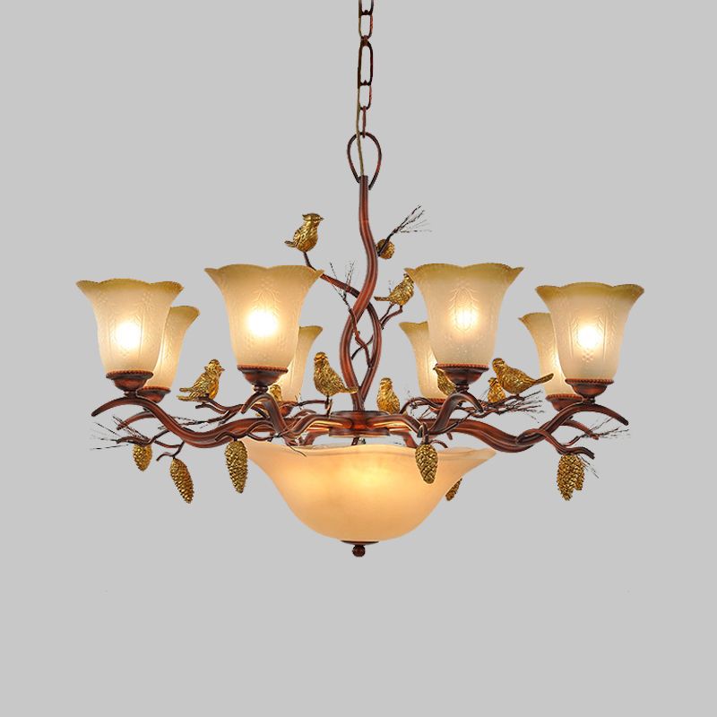 Bell Living Room Chandelier Light Lodge Milky Glass 11 Lights Brown Pendant Lamp