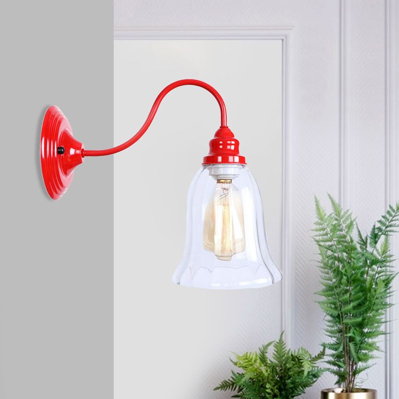 Red One Light Sconce Light Industrial Clear Clear Textured Glass Bell Lighting