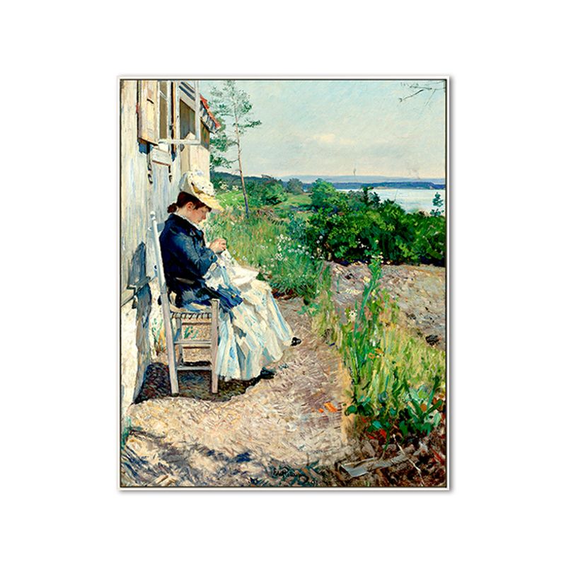 Woman Sewing in Courtyard Canvas Wall Art Green Farmhouse Painting for Living Room