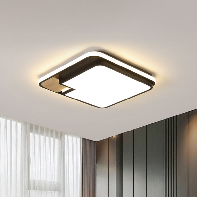 Acrylic Rectangular/Square Ceiling Light Modern Black and Wood LED Flushmount Lighting with Cut Corner in White/3 Color Light