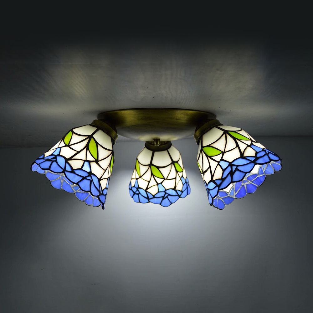 3 Heads Conic Ceiling Light Fixture Tiffany Stained Glass Flushmount Ceiling Light in Pink/Blue/Beige for Bedroom