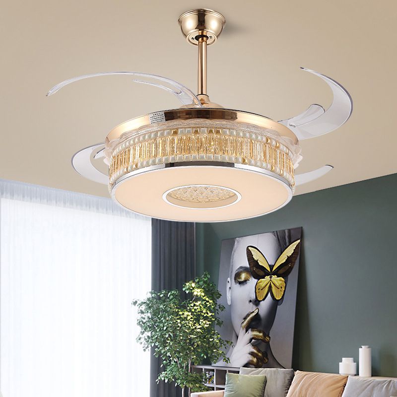 Concave gesneden semi -spoel licht eigentijds goud afwerking led kristalblok plafondlicht met ventilator