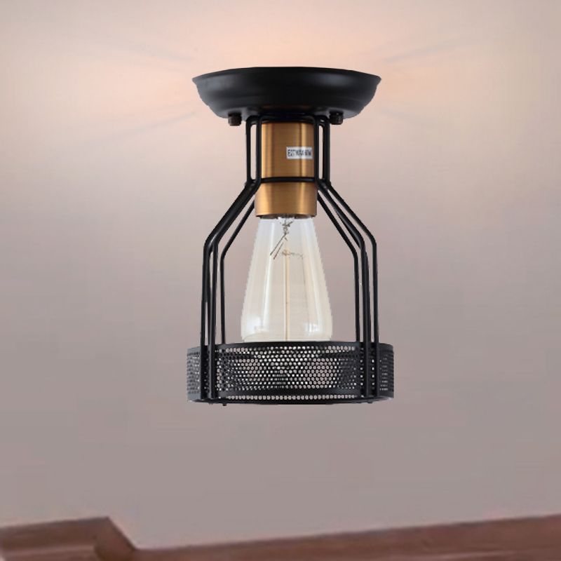 Single Bulb Semi Flush Mount Industrial Caged Metal Ceiling Light in Black with Wire Mesh