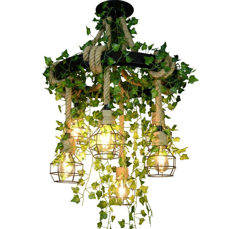 IJzerdraadkooi kroonluchter vintage café hanger licht met henneptouw en nepplant
