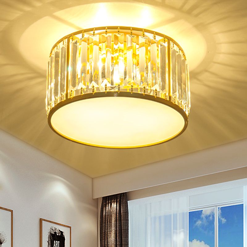 3/4/5 Lights Bedroom Crystal Flush Mount Lighting with Drum Shade Gold Flush Light Fixture, 12.5"/16.5"/20.5" Wide