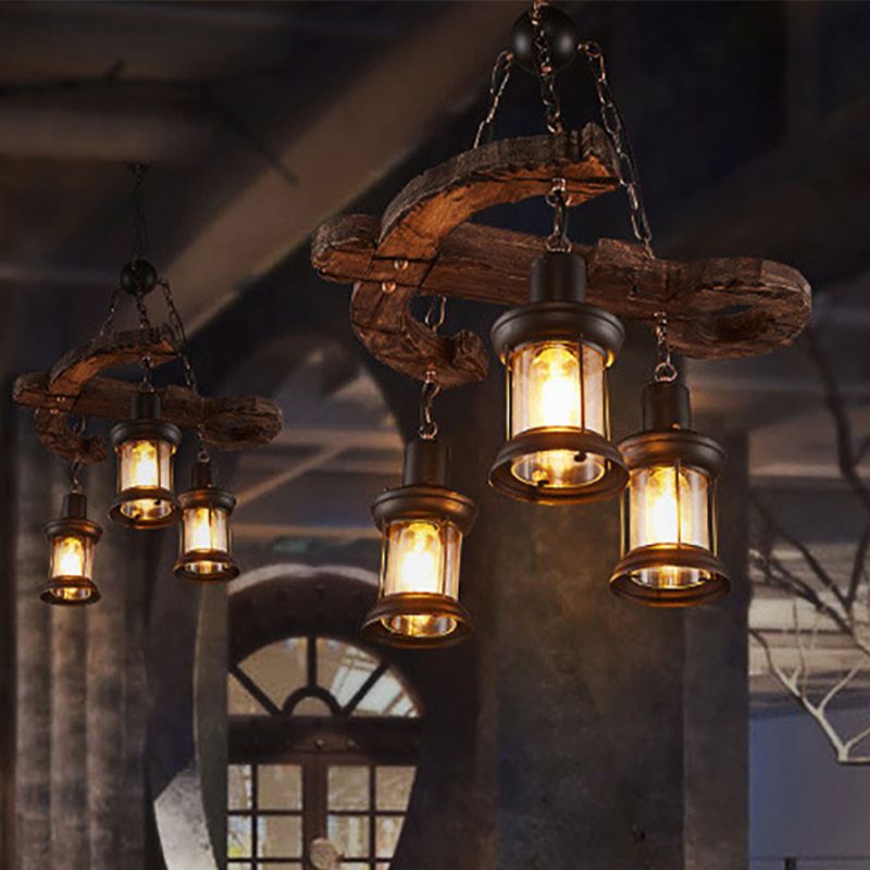 3 Lights Ceiling Light Fixture Coastal Kerosene Clear Glass Pendant Chandelier in Black with Wooden Anchor