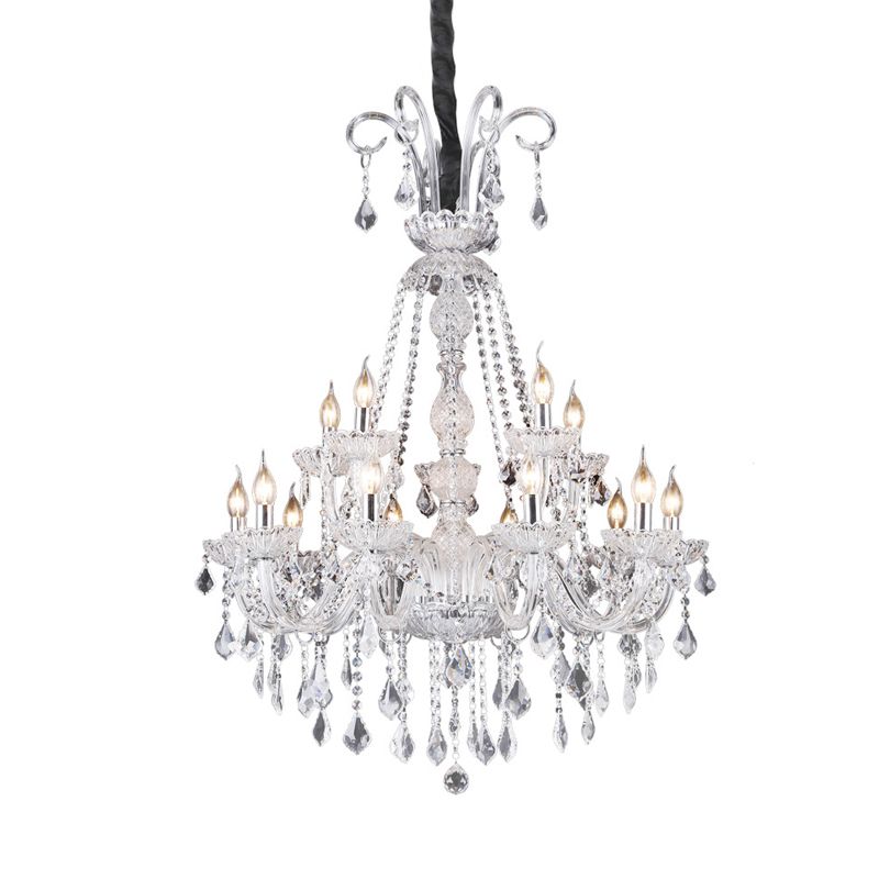 Clear Glass Candelabra Chandelier Lamp Retro 15 Bulbs Living Room Suspension Light with Crystal Drop