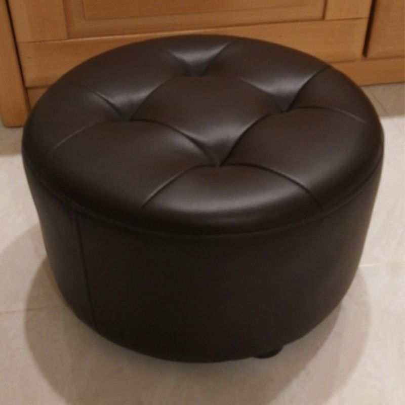 Mid-Century Modern Pouf Ottoman Genuine Leather Upholstered Tufted Cylinder Shape Ottoman