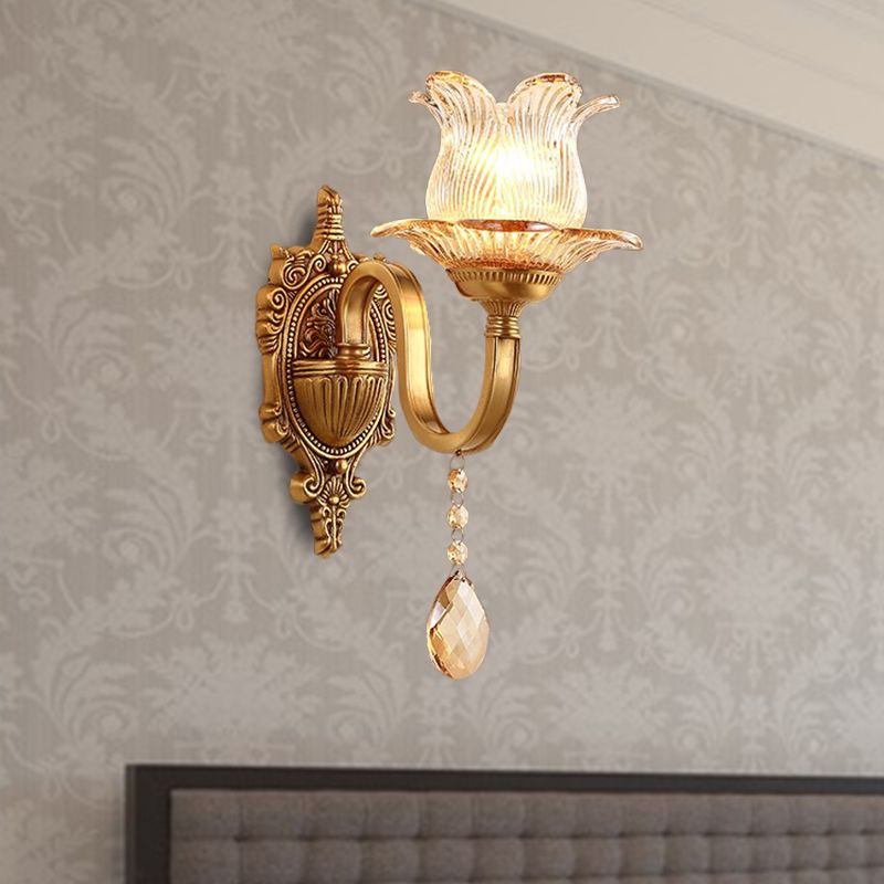 Brass Floral Sconce Light Fixture Vintage Clear Prismatic Glass 1/2 Lights Living Room LED Wall Mounted Lamp