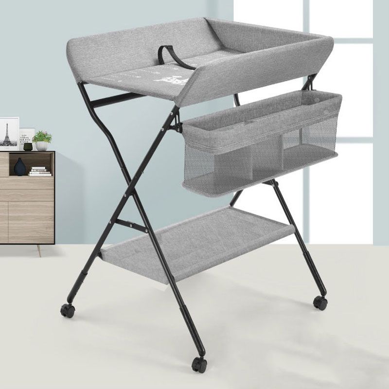 Portable Changing Table Metal Frame with Storage Basket and Safety Belt