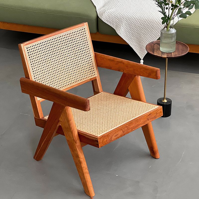 Woven Back Lounge Chair Basic Four Leg Solid Wood Chair with Cushion