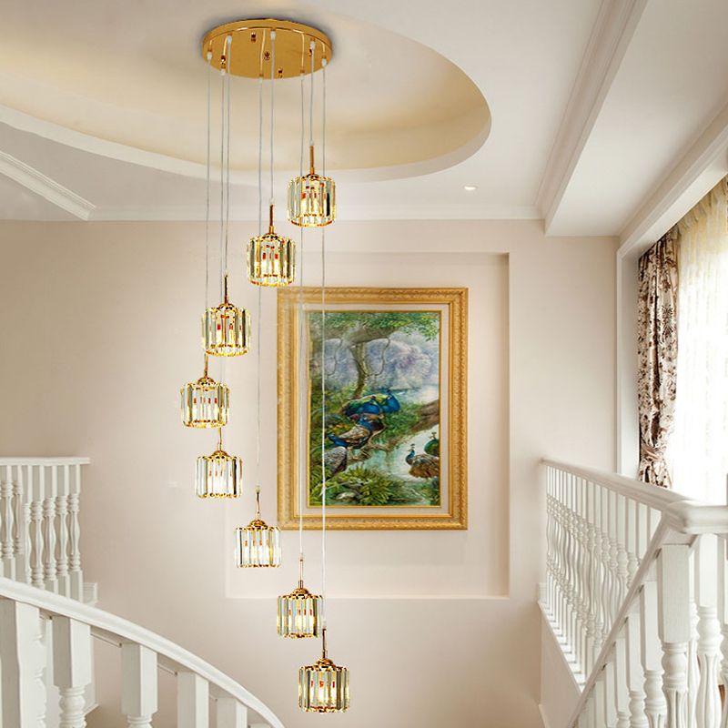 Gold 8 Bulbs Ceiling Light Modernism Crystal Mini Drum Multi Lamp Pendant with Spiral Design