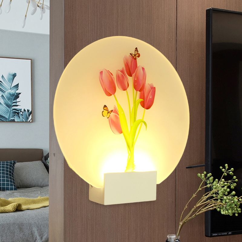 LED Hallway Wall Mural Light Asia Style White Floral Bud/Blossoming Flower Wall Lighting Fixture with Rounded Acrylic Shade