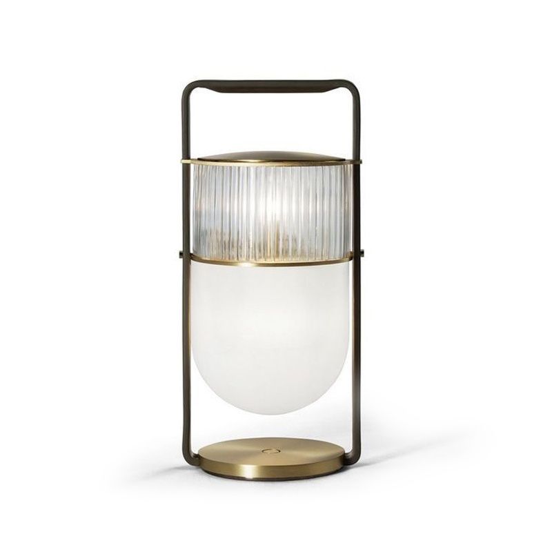 Lantern Handled Table Lamp Postmodern Frosted and Clear Ribbed Glass 1 Head Bedroom Nightstand Light in Black and Brass