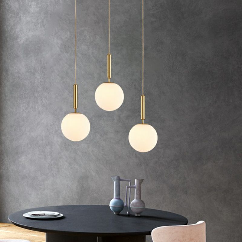 Ball Dining Room Pendulum Light White Glass 1-Head Simple Pendant Lighting in Brass