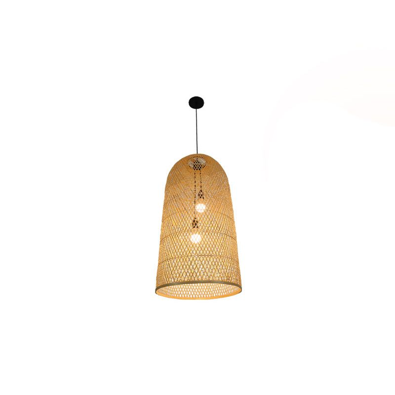 Bamboo Elongated Pendant Chandelier Asian 2 Lights Wood Drop Lamp for Living Room