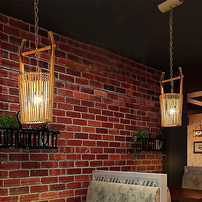 1 cabeza de restaurante iluminación colgante con cubo de tono de bambú lodoso lámpara de techo beige