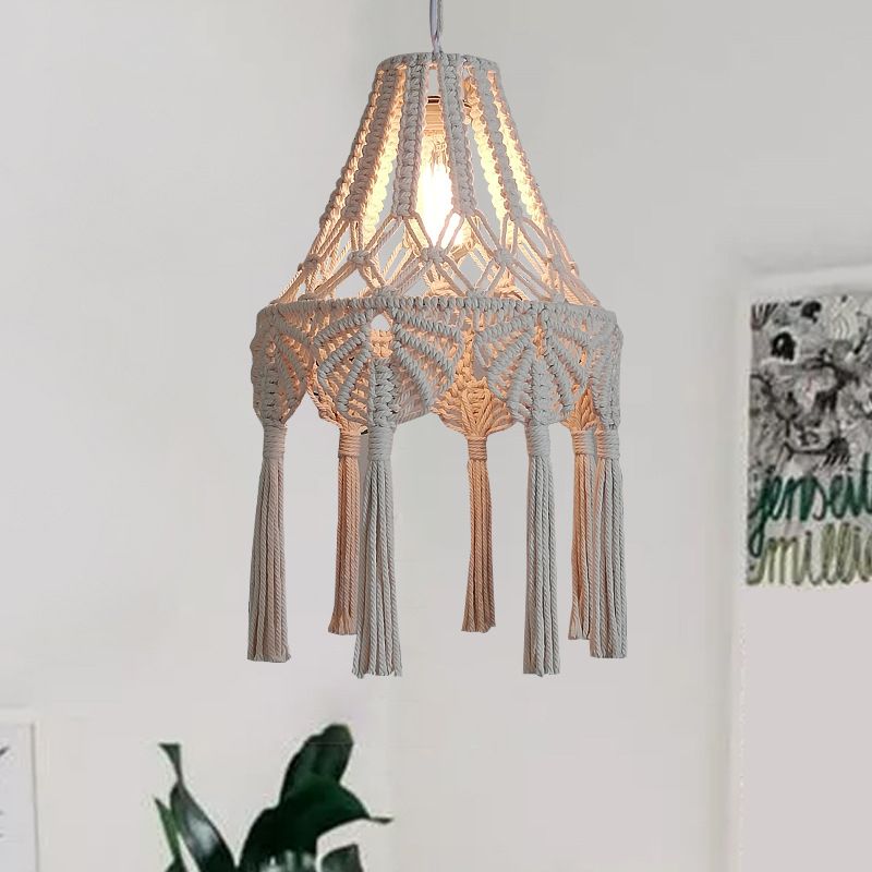 Scalloped Rope Suspension Lamp Countryside 1 Light Living Room Hanging Ceiling Light in Beige with Tassel Fringe