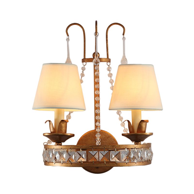 Rustic Barrel Sconce Lamp 2 Bulbs Metal and Fabric Wall Mounted Light in Antique Brass for Bedroom