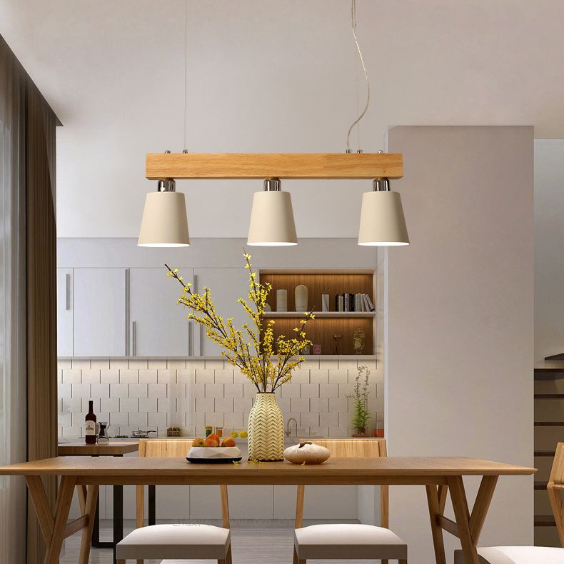 Linear Wooden Island Light Fixture Nordic Suspension Light with Tapered Metal Shade