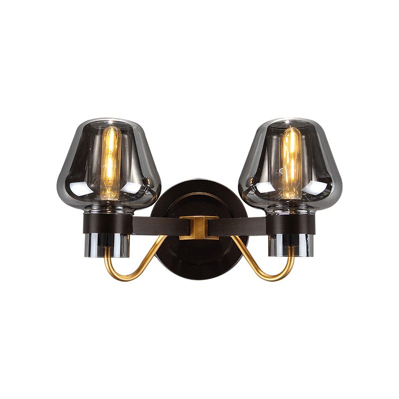 2-Bulb Wall Light with Mushroom Shade Smoked Glass Modern Bedroom Sconce Lighting Fixture