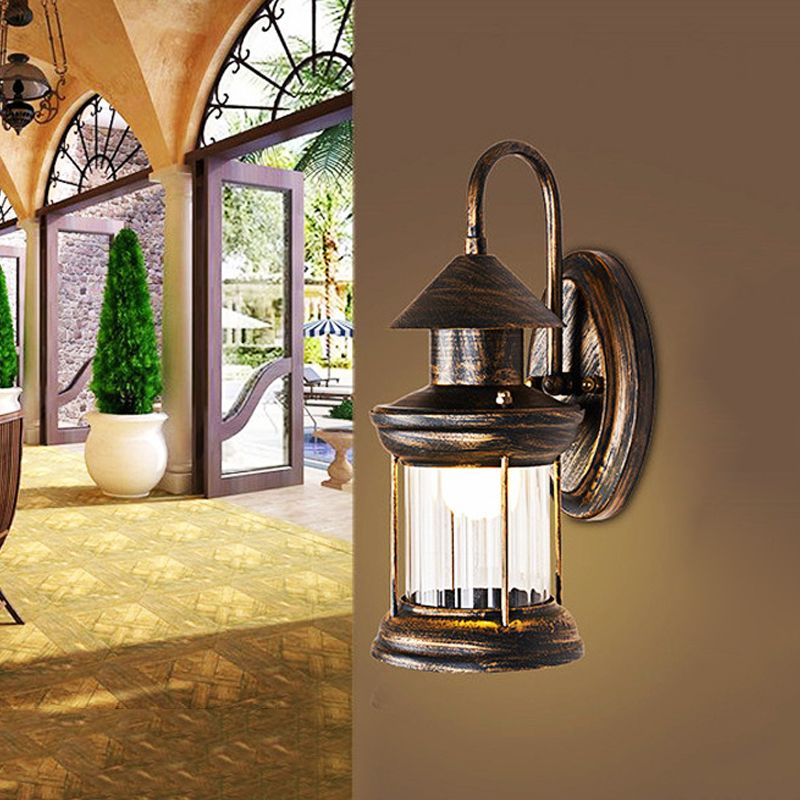 Metallic Lantern Wall Mount Lighting Coastal 1 Bulb Corner Wall Lamp Sconce with Curvy Arm in Brass