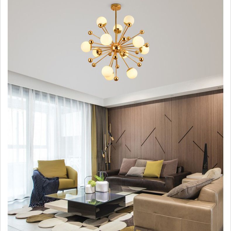 Golden Dandelion Chandelier Minimalist 12-Light Cream Glass Pendant Light for Living Room