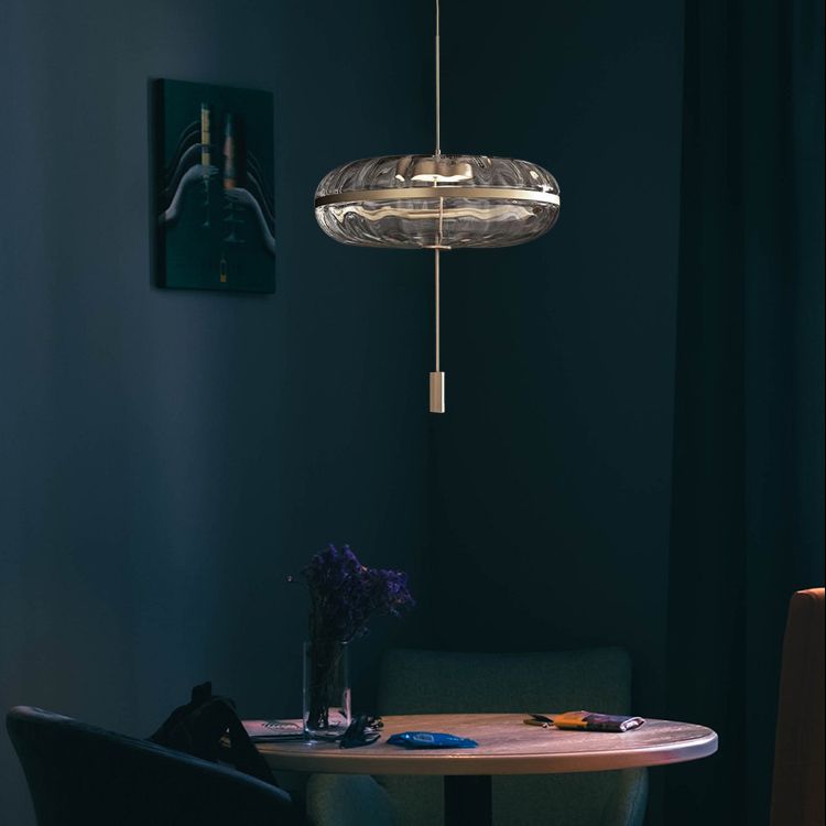 Rippled Glass Pumpkin Shaped Pendant Minimalist Brass LED Ceiling Light for Dining Room