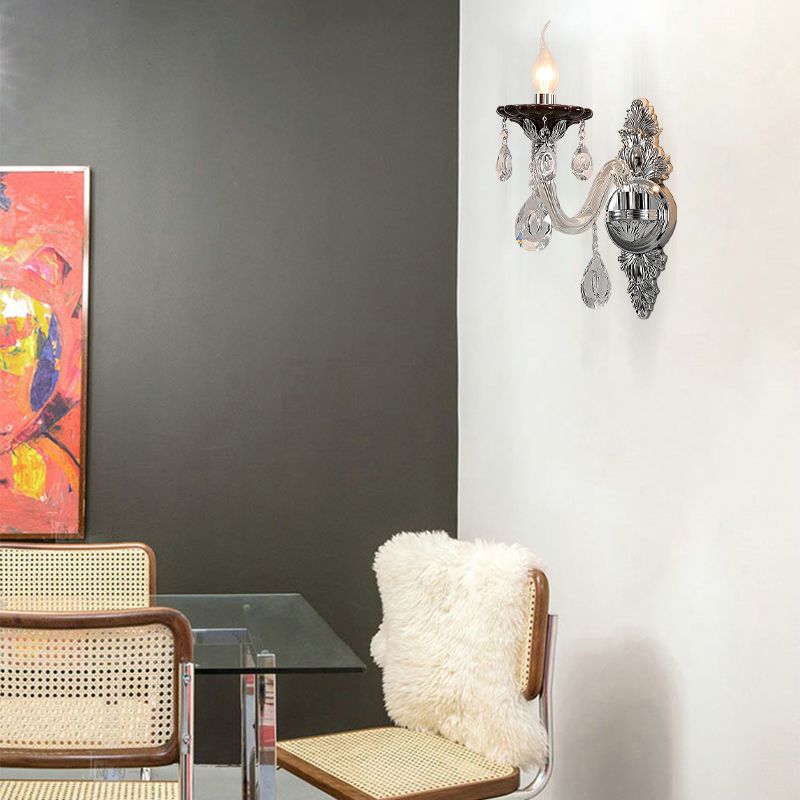 Mur à bougie argentée Lumière montée moderne 1/2 têtes Crystal Drop Sconce Light pour la chambre