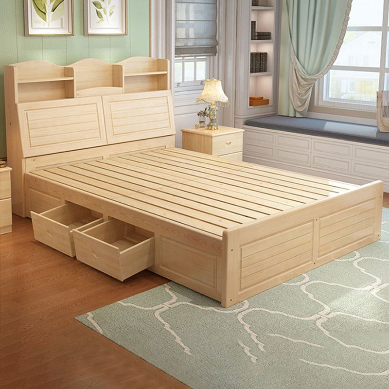 Solid Wood Bed Frame Headboard Standard Bed with Storage in Light Brone