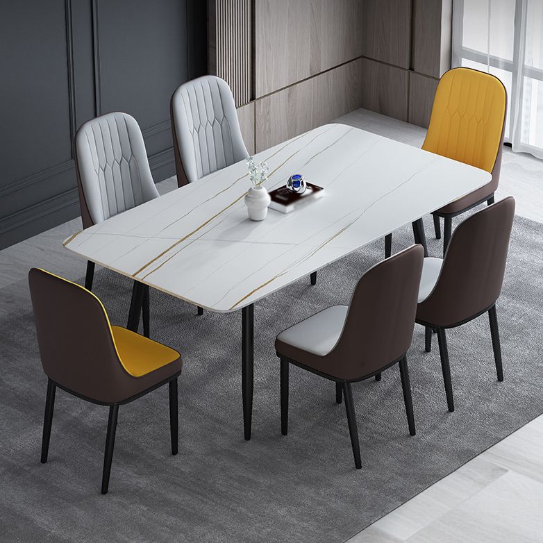 Einfachheitstil Home Sintered Stone Esstisch 4 Beine Kohlenstoffstahl Basis Rechtecktisch