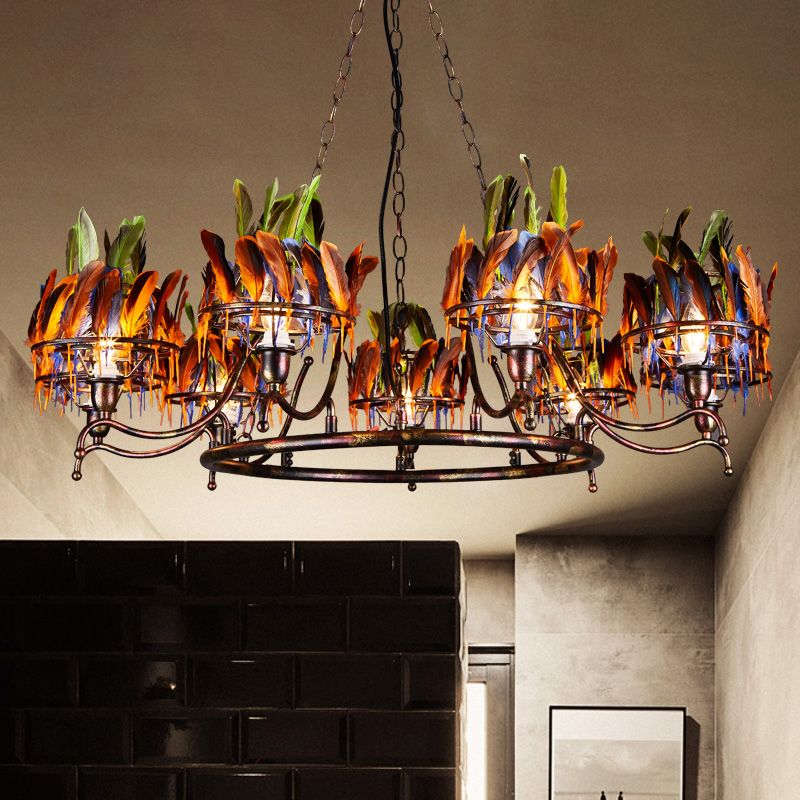Roest 9 lichten kroonluchter lichtbeveiliging industrieel ijzerronde hangende plafondlamp met roodblauwe groene veren deco