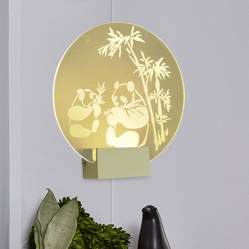 Chinese Circular Acrylic Wall Mural Lamp LED Wall Mount Light Fixture in Clear Color with Panda and Bamboo Pattern