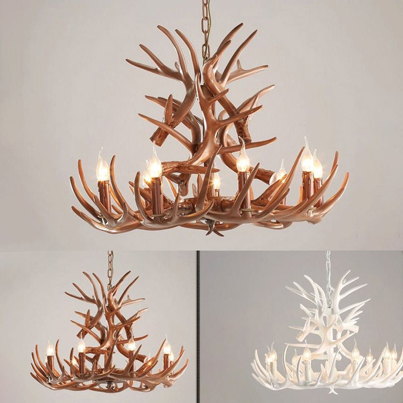 Adjustable Hanging Chain Chandelier Light Traditional Rustic Antler Plastic Ceiling Pendant for Restaurant