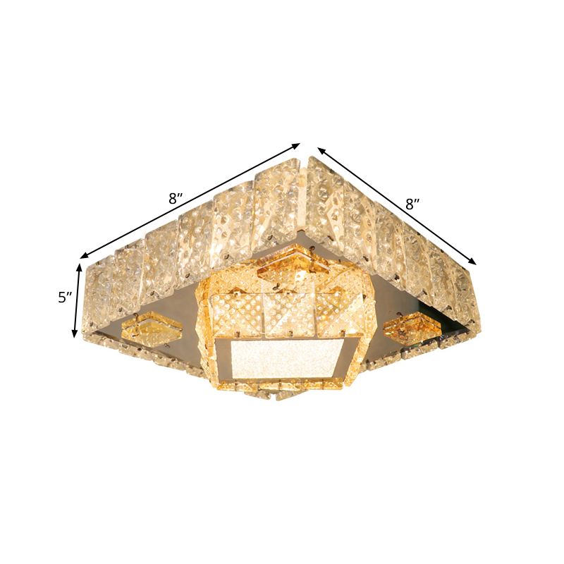 Modern Square Light Fixture Clear Crystal Blocks LED Flush Mount Lamp in Stainless-Steel
