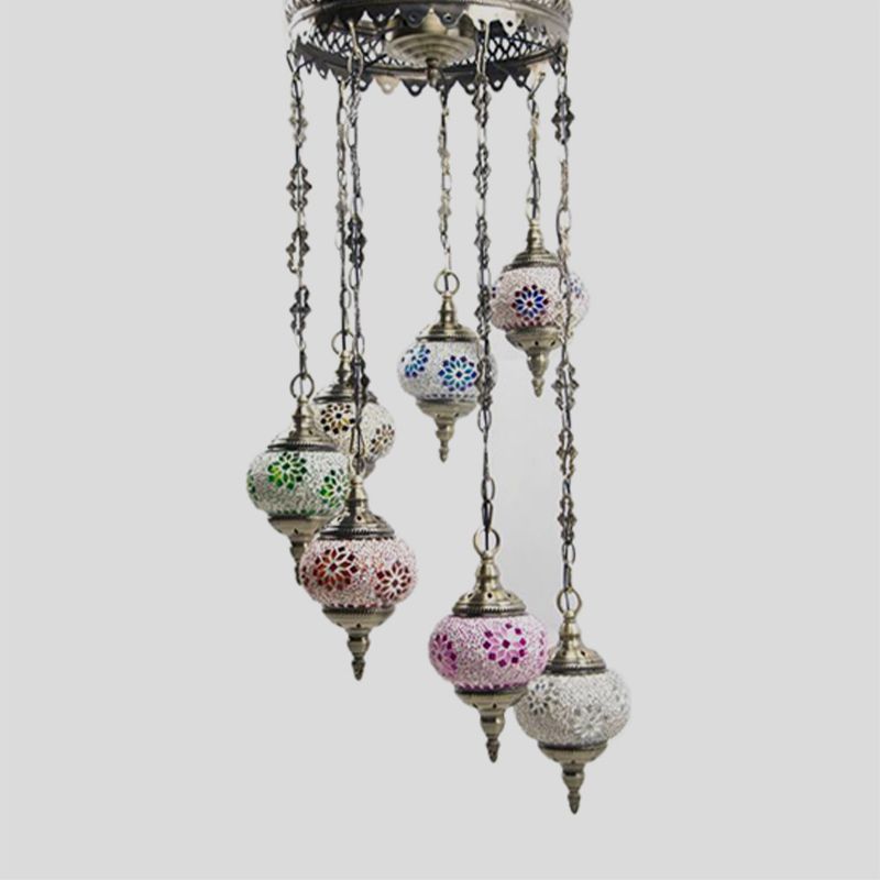 7 bulbes globe plafond lustre rétro rétro-coloré en verre pendant éclairage en bronze