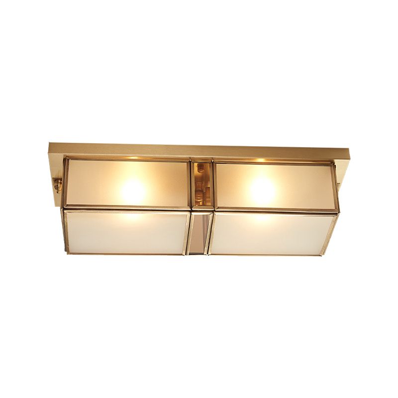Brass Rectangle Flush Mount Fixture Classic Frosted Glass 4 Lights Living Room Flush Light