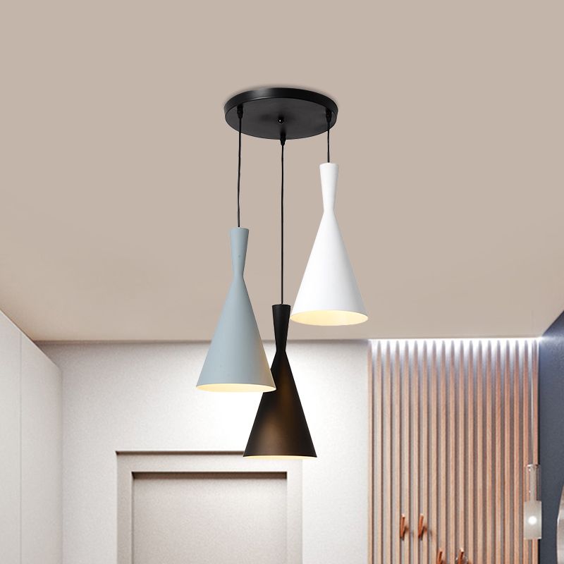 Flared Metallic Pendant Light Contemporary 3-Head Black Hanging Lamp Kit with Round/Rectangle Canopy