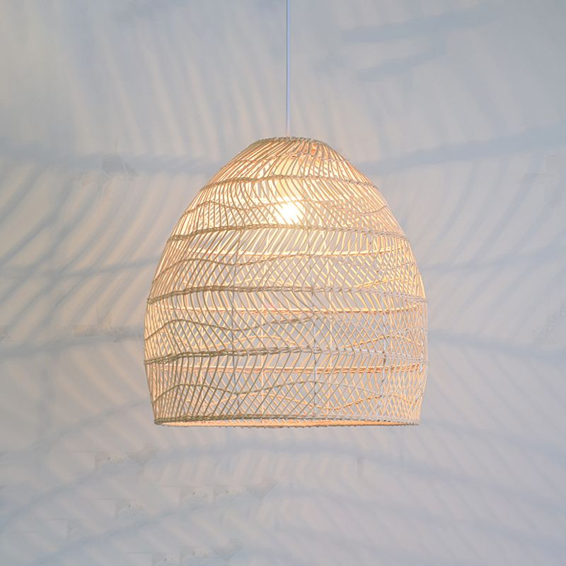 Basket Pendant Lighting Fixture Asian Rattan Beige Hanging Light Fixture for Restaurant