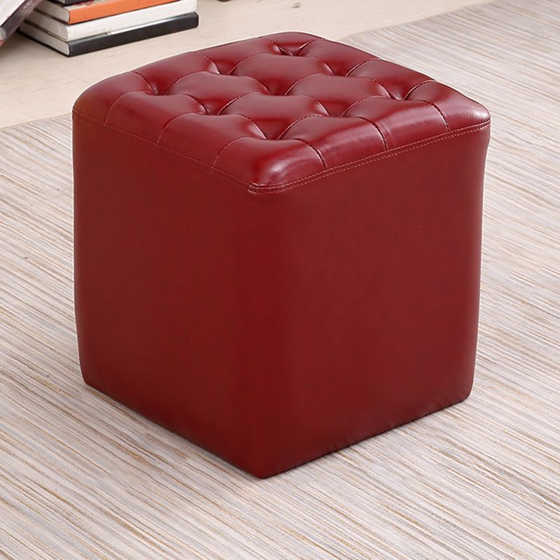 Mid-Century Modern Plain Boucle Square Pouf PU Leather Tufted Ottoman Footrest