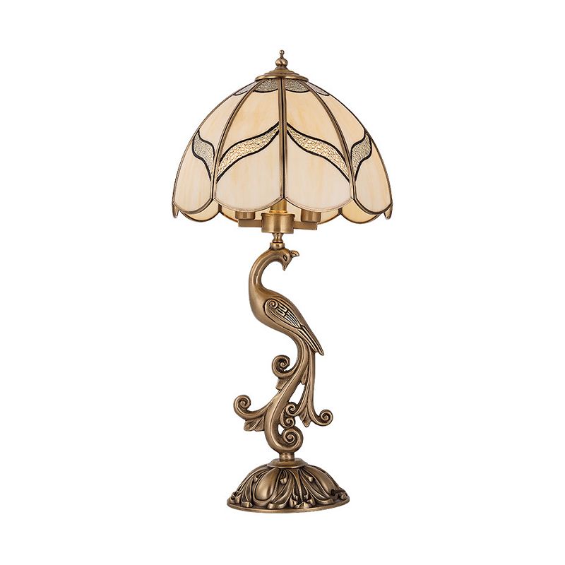 1/2-Light Dome/Bowl Night Lamp Traditional Gold Finish White Glass Nightstand Light with Peacock/Elliptical Frame Design