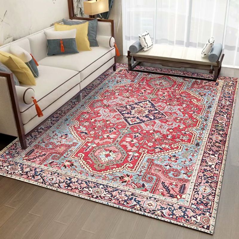 Red Moroccan Indoor Rug Polyester Moroccan Print Rug Non-Slip Backing Indoor Rug for Living Room